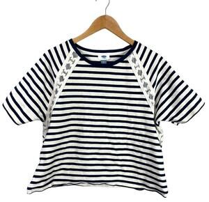 Old Navy Sweatshirt Short Sleeve Top With Lace Detail L Large Blue White Stripe